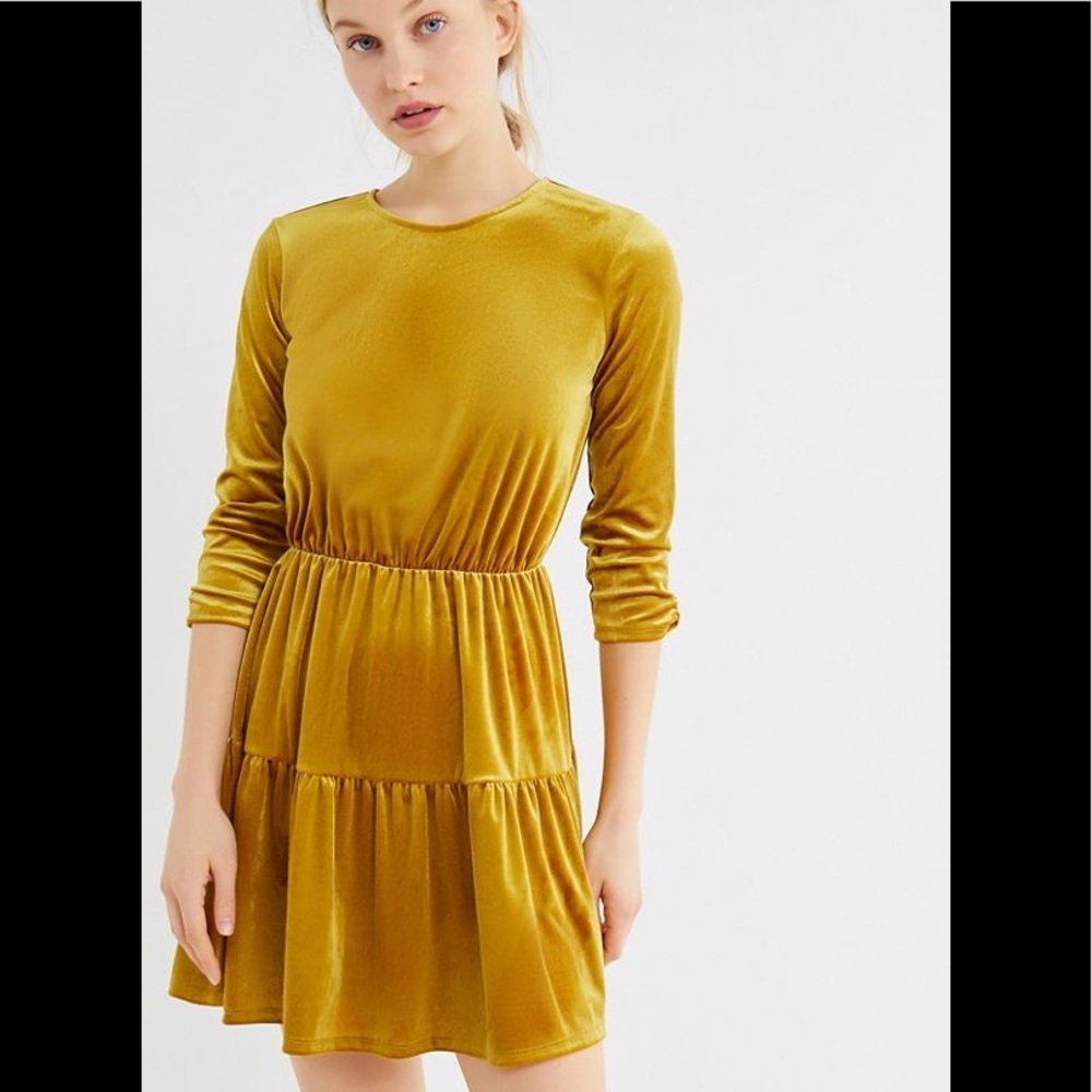 Yellow velvet long sleeve dress urban outfitters